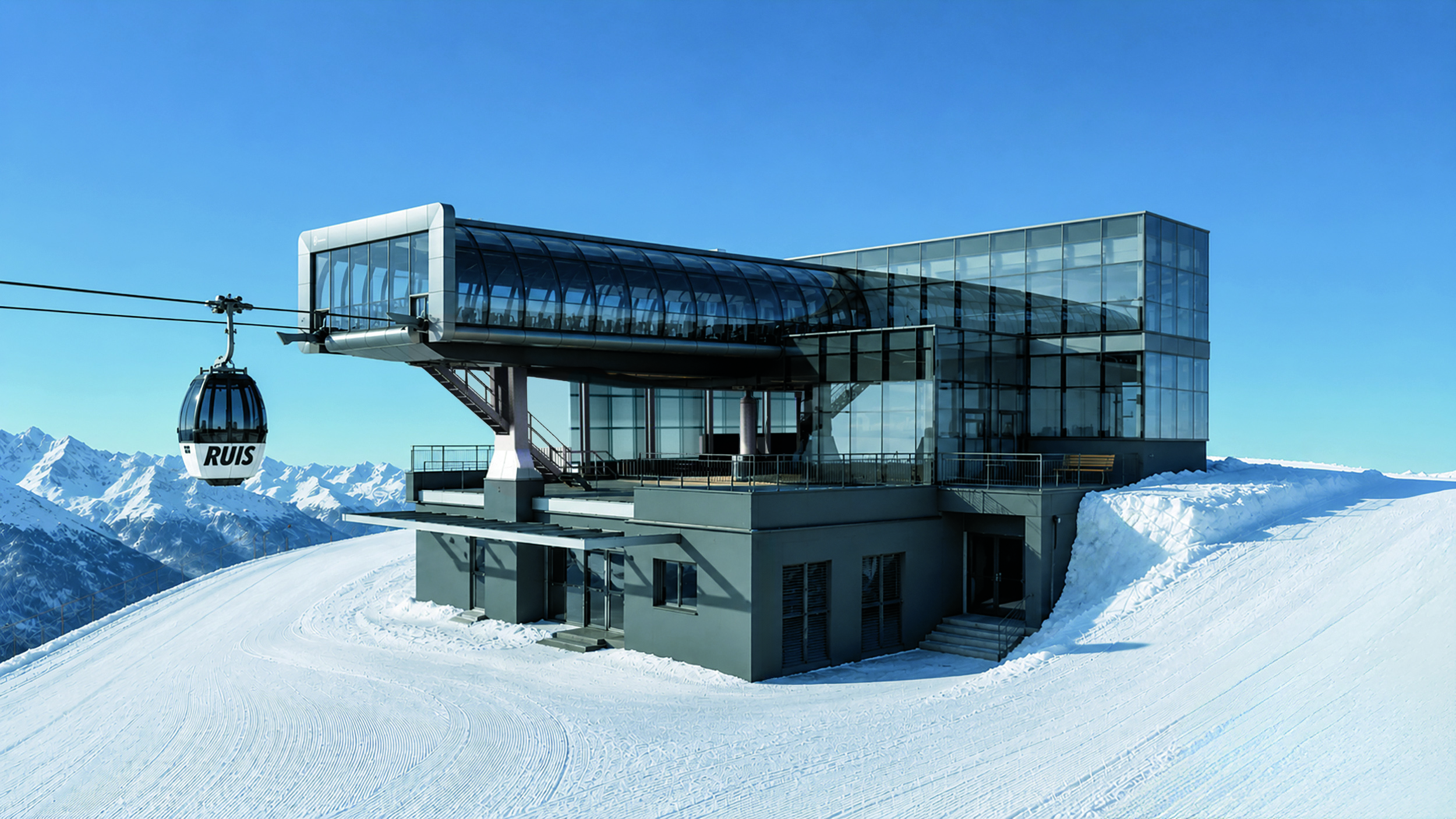 Moderne Seilbahnstation aus Glas auf einem schneebedeckten Berg, eine Seilbahn nähert sich, darüber ein strahlend blauer Himmel. - Mirabell Dolomites Hotel